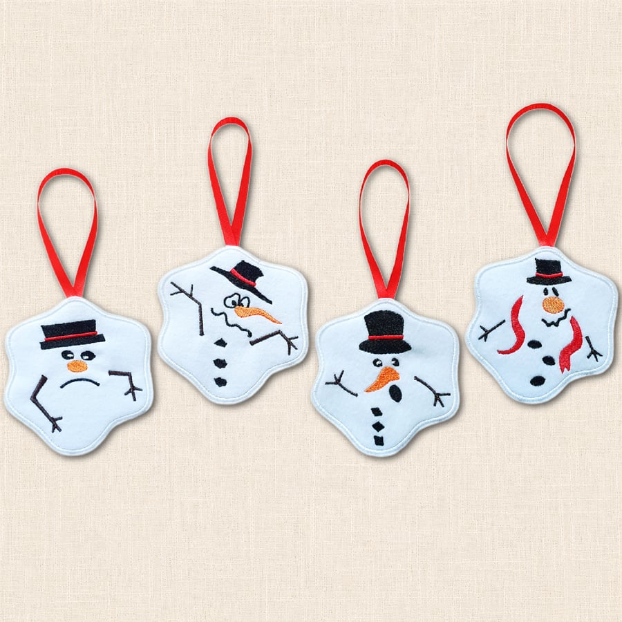Melting Snowmen Christmas Decorations - Embroidered Tree Ornaments