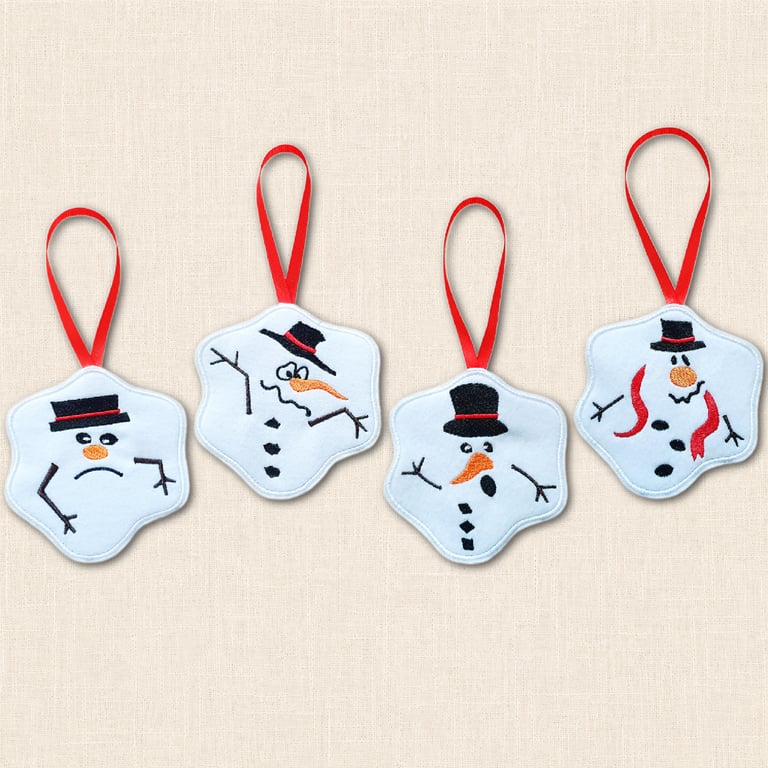 Melting Snowmen Christmas Decorations - Embroidered Tree Ornaments