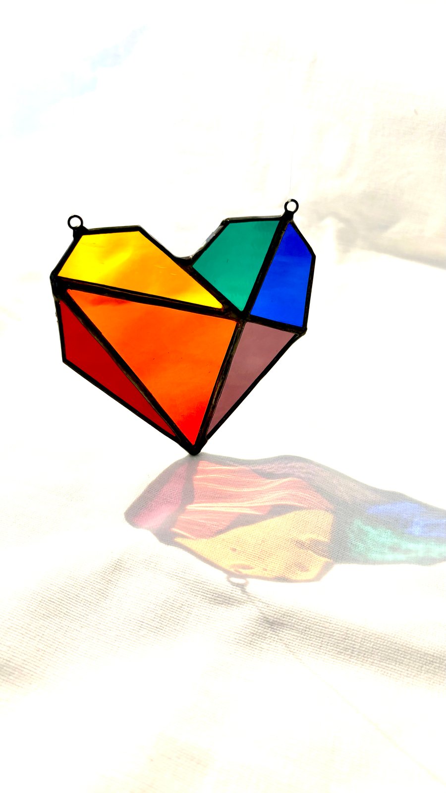 Rainbow stained glass suncatcher, Geometric heart positive window art