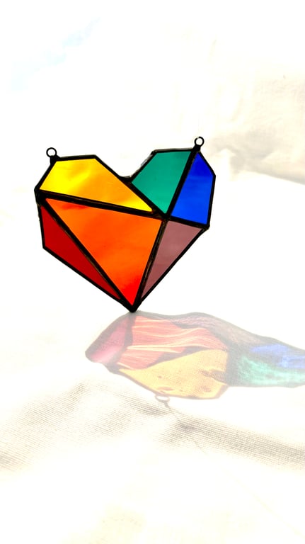 Rainbow stained glass suncatcher, Geometric heart positive window art