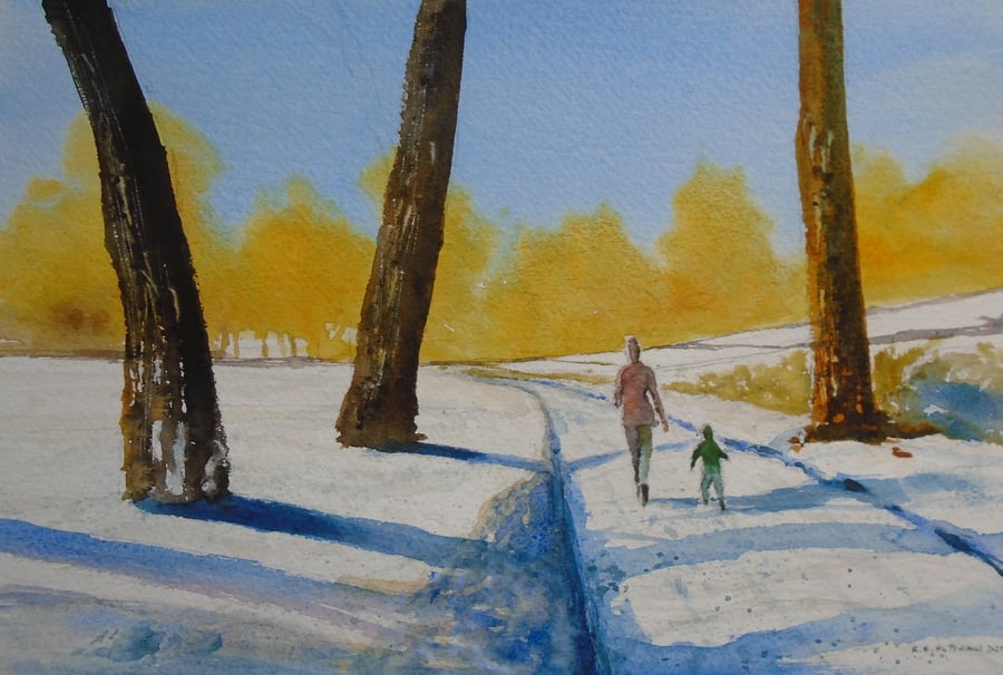 Mother and son winter walk (ORIGINAL WATERCOLOUR) Fully mounted to 11" x 14"