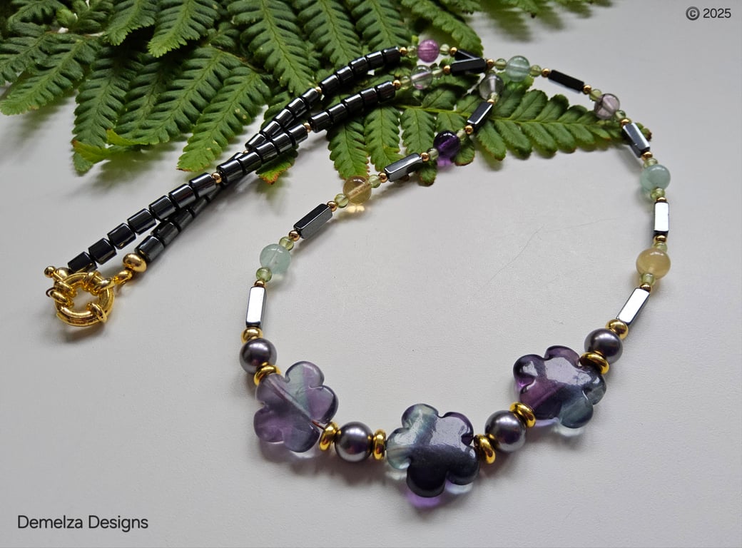 Designer Flourite, Heamotite & Shell Pearls Necklace 