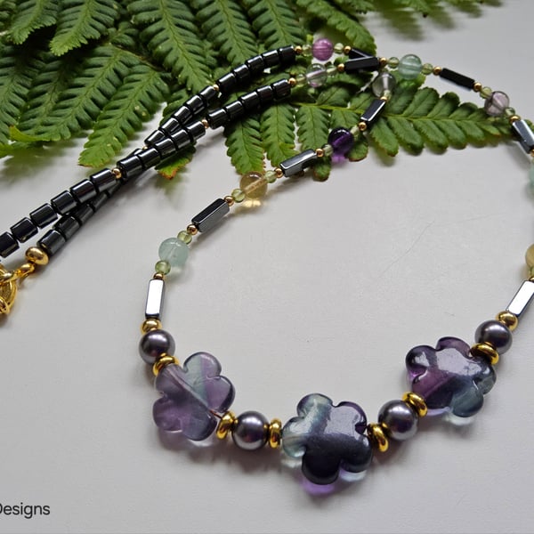 Designer Flourite, Heamotite & Shell Pearls Necklace 