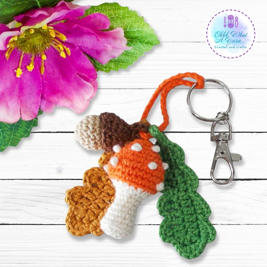 Orange toadstool, acorn and oak leaves crochet bag charm. Toadstool keyring