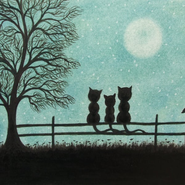 Three Cats Card, Moon Tree Kitten, Kids Card, Black Cat Art, Animal Silhouette