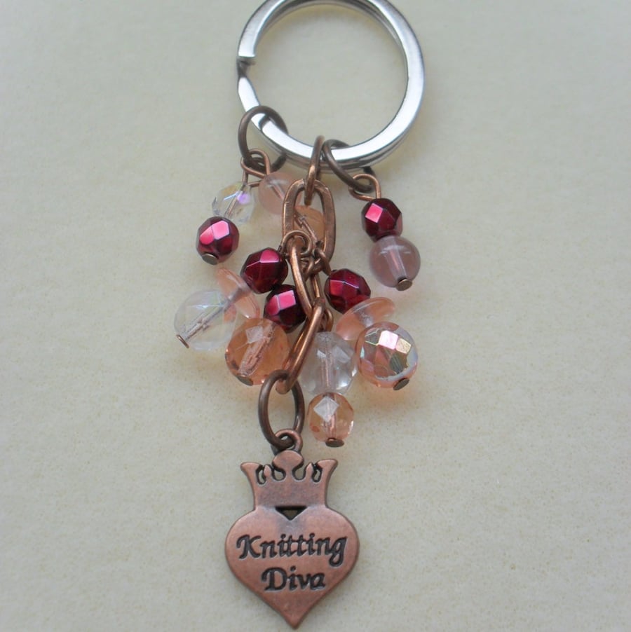 Knitting Diva Keyring Czech Glass Beads