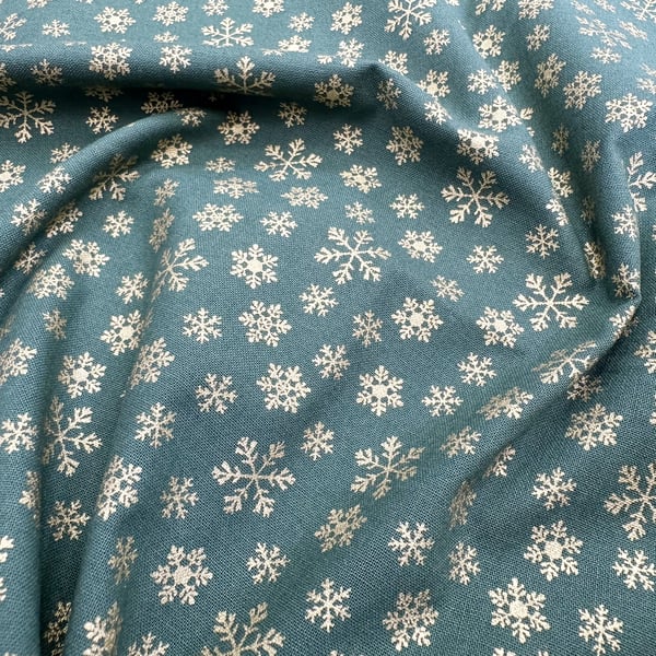 Christmas Fabric Gold Snowflakes Green Cotton Craft Fabric - 1 Metre