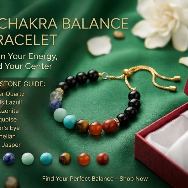 7 Chakra Genuine Gemstone Healing Bracelet – Black Agate & Lava Stone Adjustable