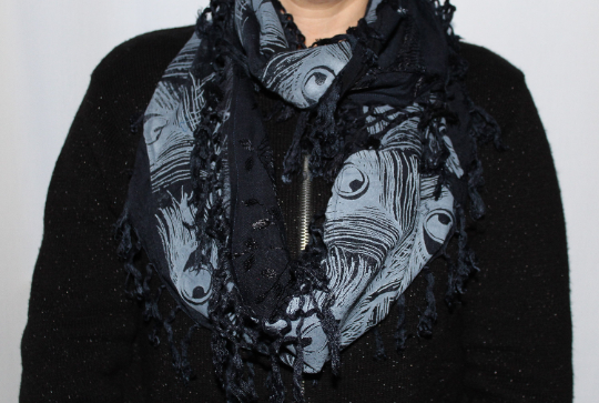 infinity scarf,Unique peacock print tasseled scarf,soft cotton blue scarf,gift.