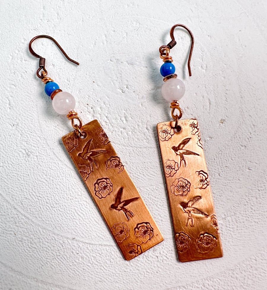 Copper Earrings Featuring Birds and Flowers with Blue Howlite and Rose Quartz.