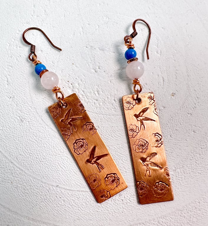 Copper Earrings Featuring Birds and Flowers with Blue Howlite and Rose Quartz.