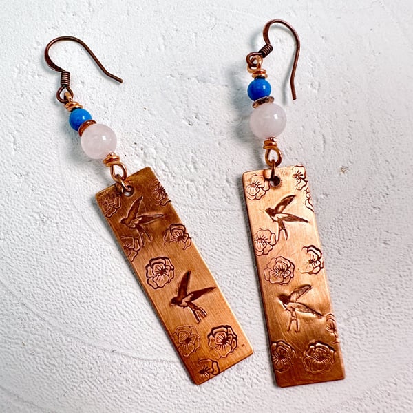 Copper Earrings Featuring Birds and Flowers with Blue Howlite and Rose Quartz.