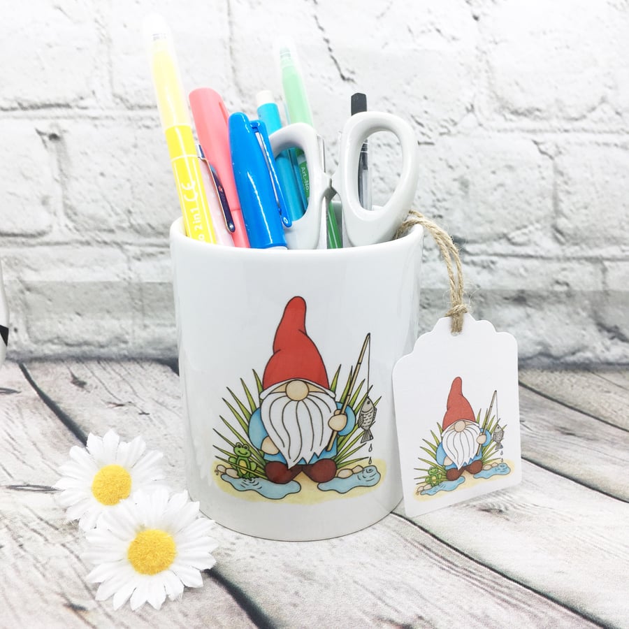 ‘Norm’ the Fishing Gnome Ceramic Pot - Pencil Pot - Toothbrush pot