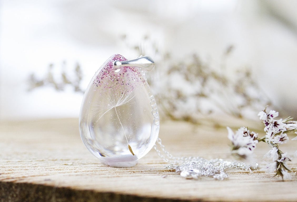 Dandelion Necklace Single Wish and Glitter Rose Pink Real Dandelion Dandelion Ne
