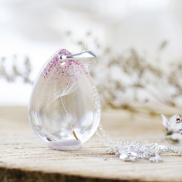 Dandelion Necklace Single Wish and Glitter Rose Pink Real Dandelion Dandelion Ne