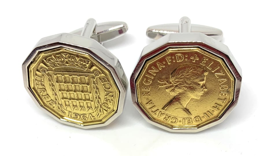 1964 Threepence 3d 61st birthday Cufflinks - Original 1964 threepence SLV