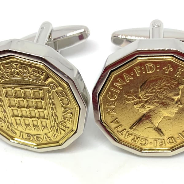 1964 Threepence 3d 60th birthday Cufflinks - Original 1964 threepence SLV