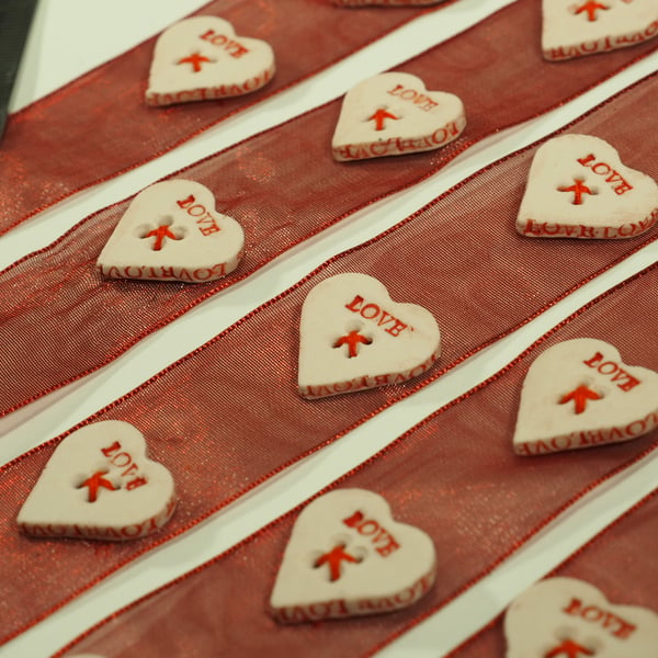 Set of 3 Handmade Porcelain Heart-shaped Love Buttons on Ribbon