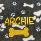 Personalised dog blanket handmade puppy dog pattern fleece blanket black with wh