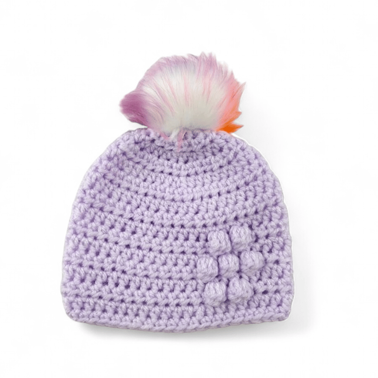 Lilac baby crocheted hat white faux fur pompom with orange purple & pink 