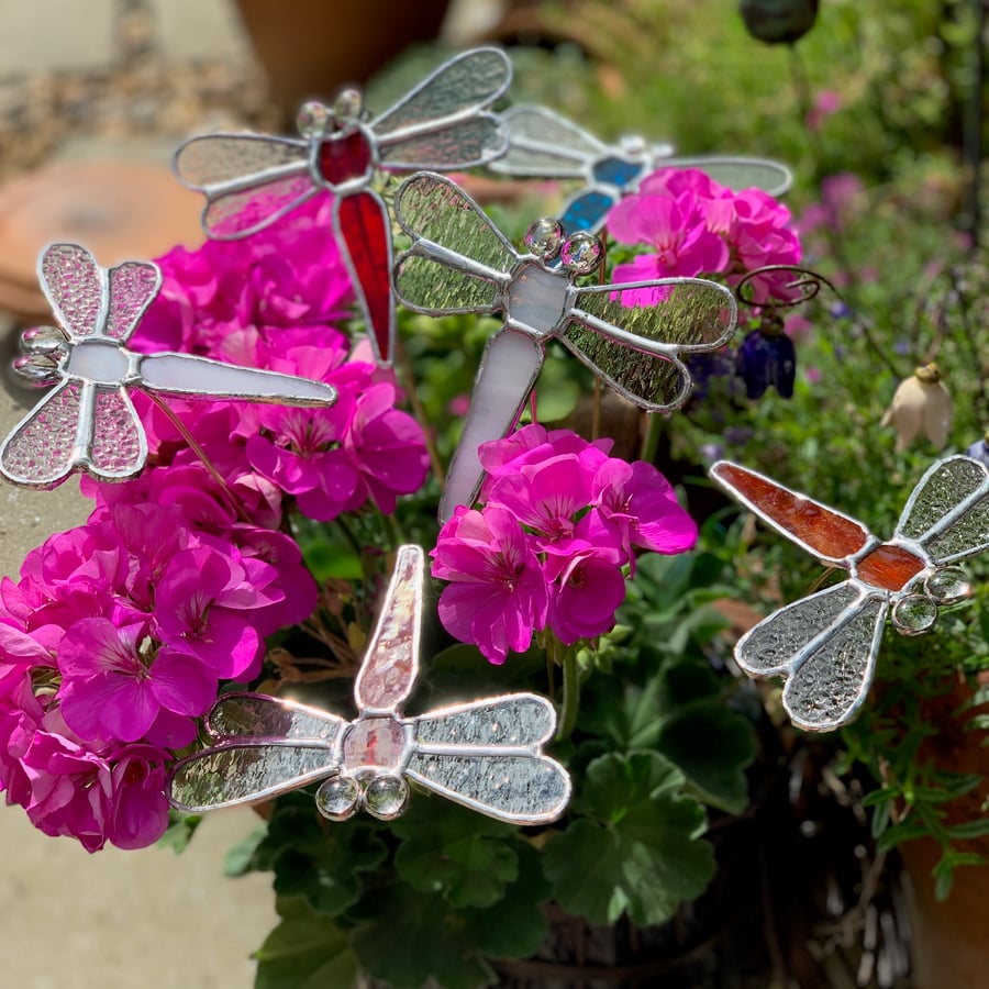 Stained  Glass Dragonfly Stake  - Made to Order - Plant Pot Decoration 