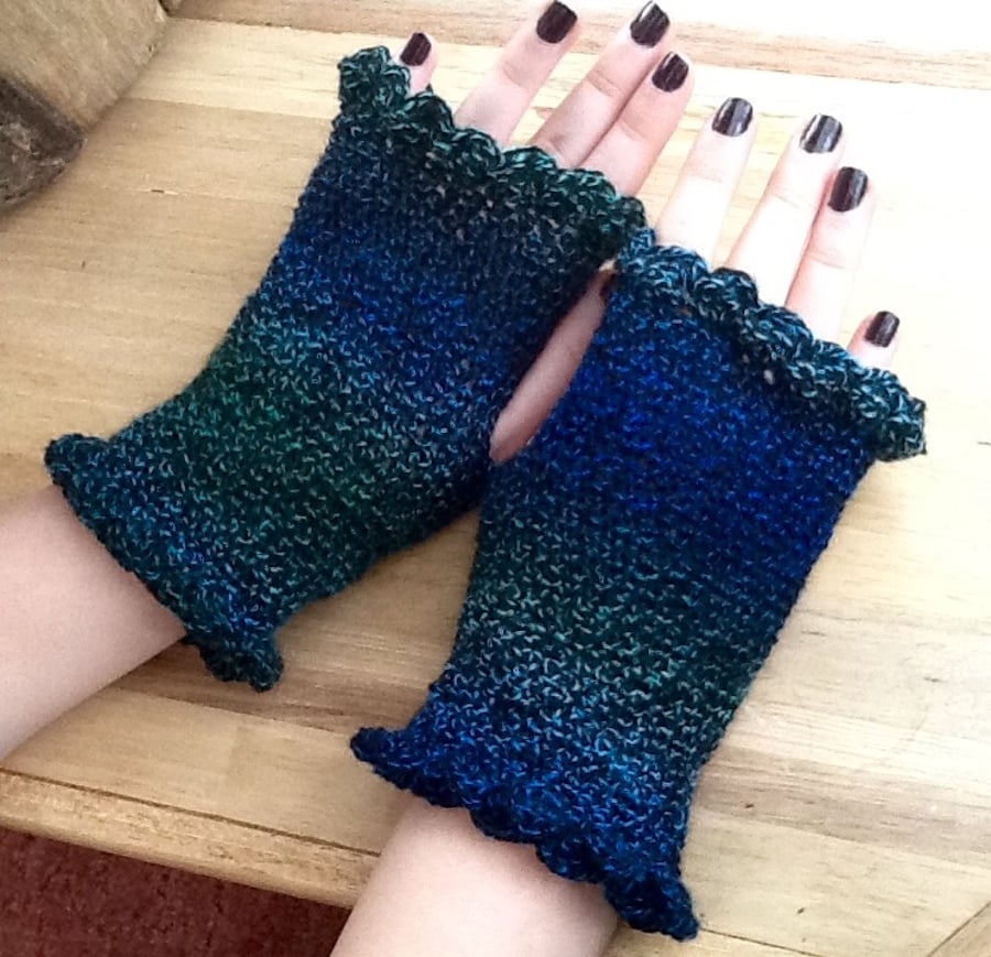 Kingfisher Crocheted Fingerless Mittens in Denys Brunton Designer Yarn.