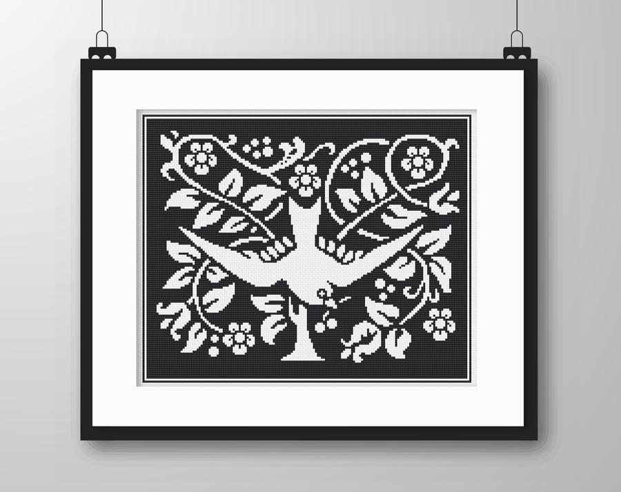 095B Cross Stitch MONO Swallow Bird in Tree & Flowers Arts and Crafts Nouveau 
