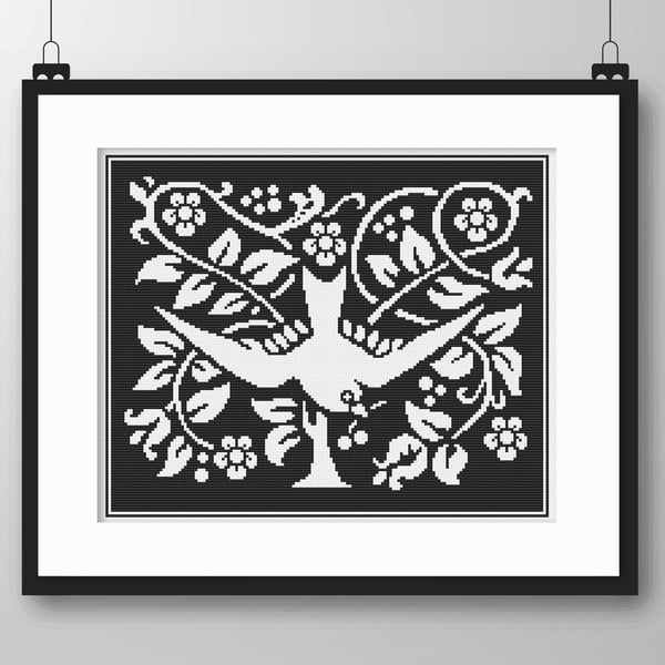 095B Cross Stitch MONO Swallow Bird in Tree & Flowers Arts and Crafts Nouveau 