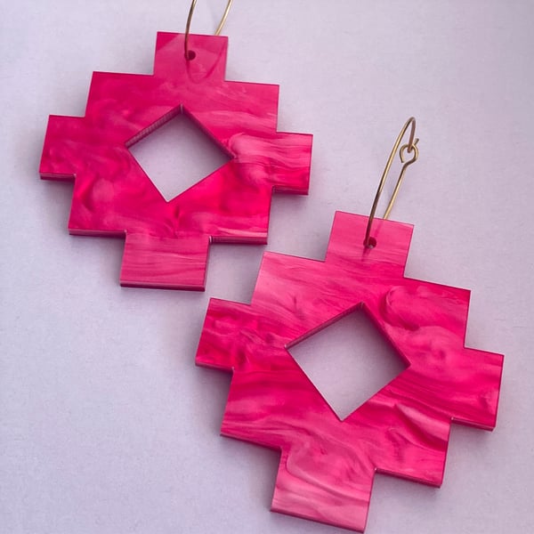 Hot pink marble acrylic diamond earrings for her, fun hoop earrings