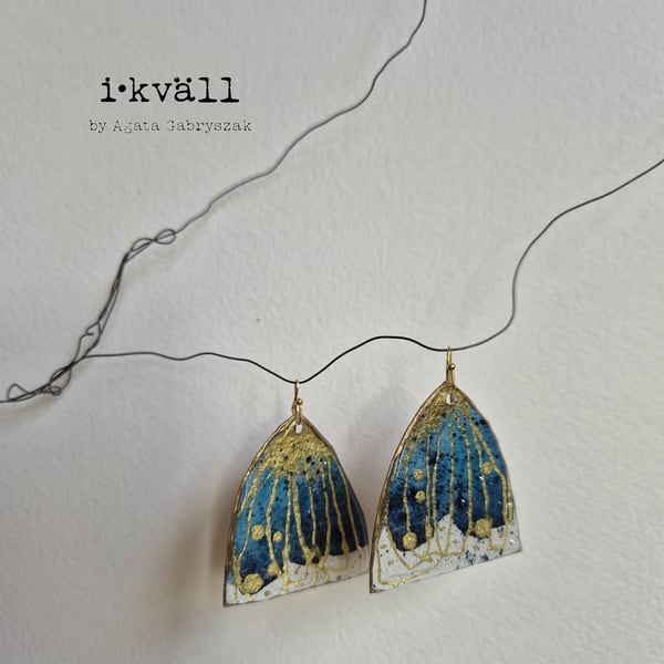 Large Lightweight Blue Gold Statement Artistic Earrings