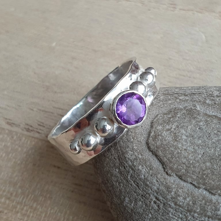 Amethyst ring, Wide band ring with purple gemstone, February birthstone