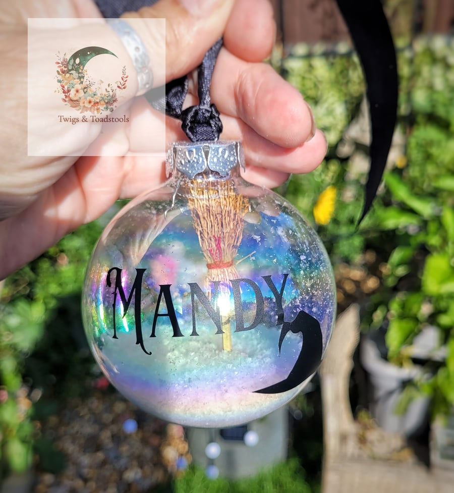 Personalised witch yule bauble with witches broom 