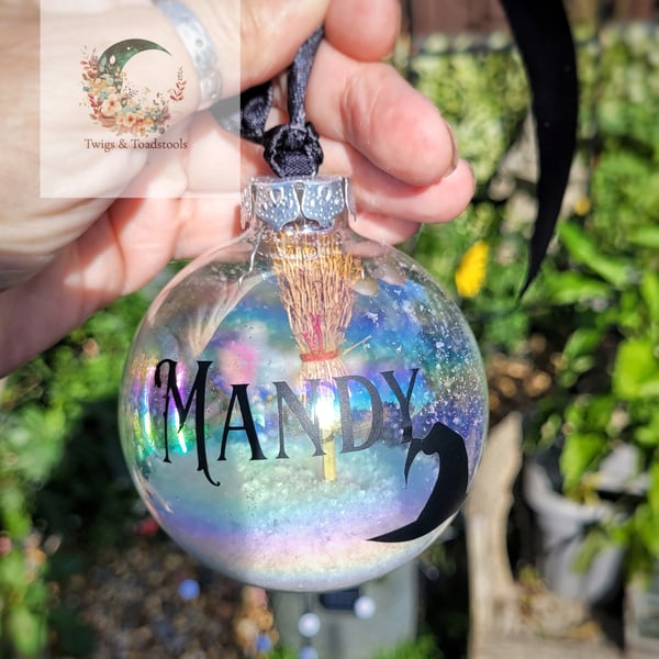 Personalised witch yule bauble with witches broom 