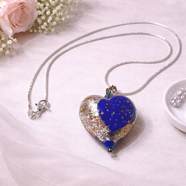 Genuine Murano Glass Heart – Blue & Gold Leaf Pendant. Imported from Italy