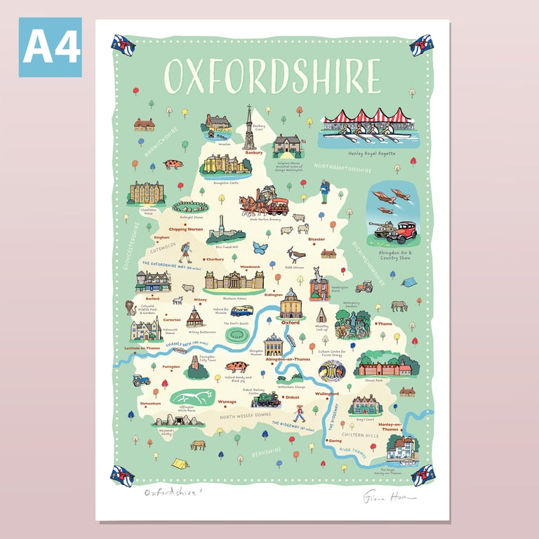 Oxfordshire  A4 illustrated map poster, travel print Oxford, Thames Path