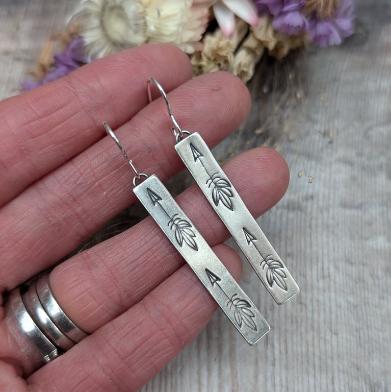 Sterling Silver Stamped Feather Boho Style Long Rectangle Earrings - JBJ1057