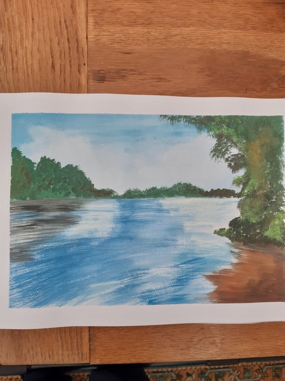 Watercolour painting river  and trees and blue skies. The River Way