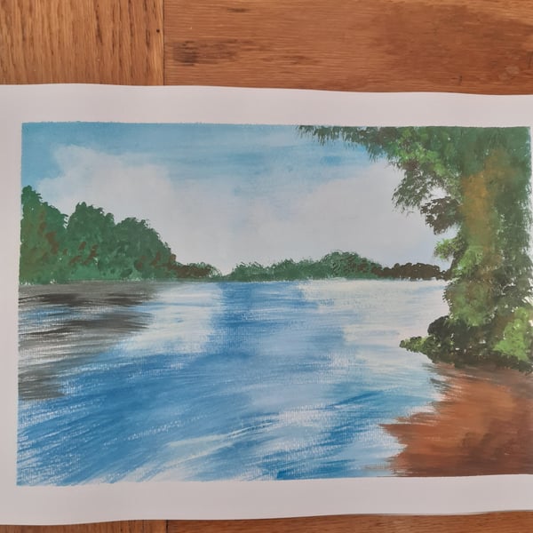 Watercolour painting river  and trees and blue skies. The River Way