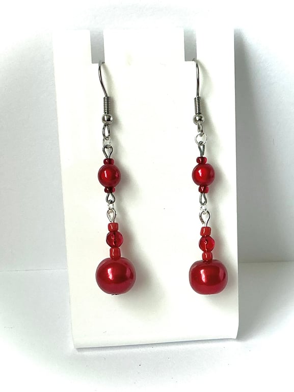 Red Faux Pearl & Miracle Bead Earrings
