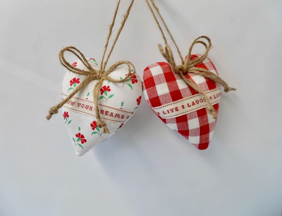 SOLD Pair hanging heart decorations in Laura Ashley print and check with words