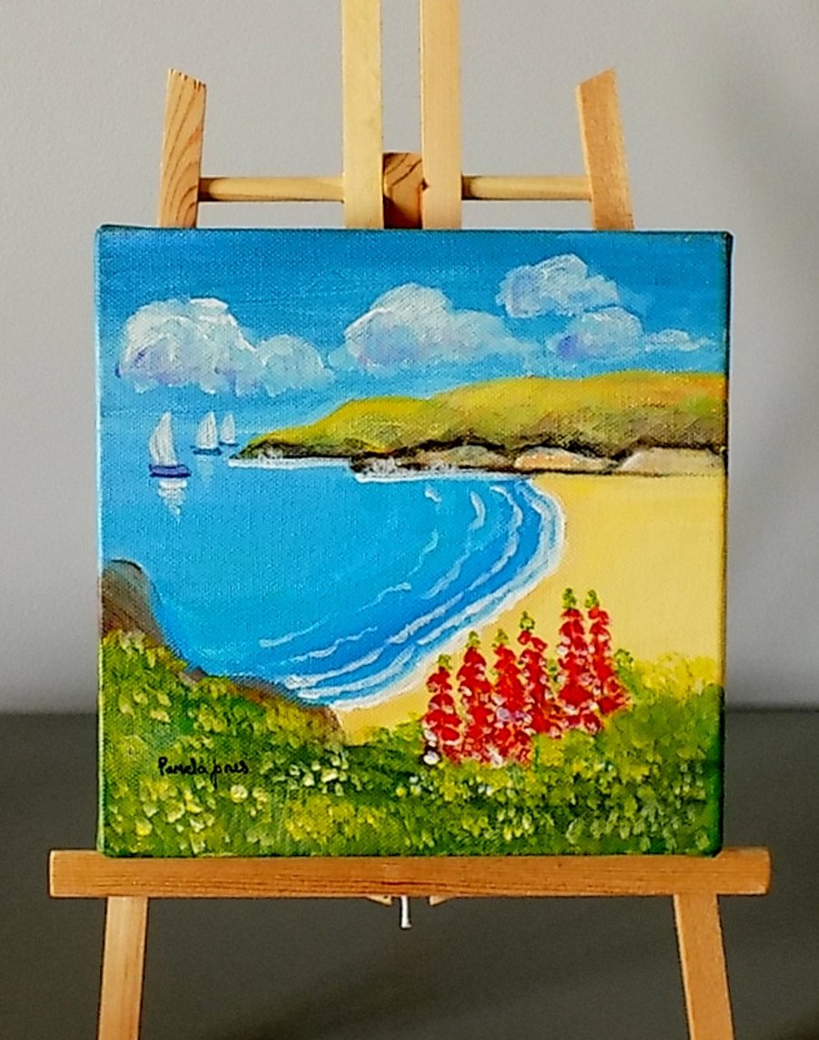 Coastal Scene with Foxgloves on Boxed Canvas, 20 x 20 cm.
