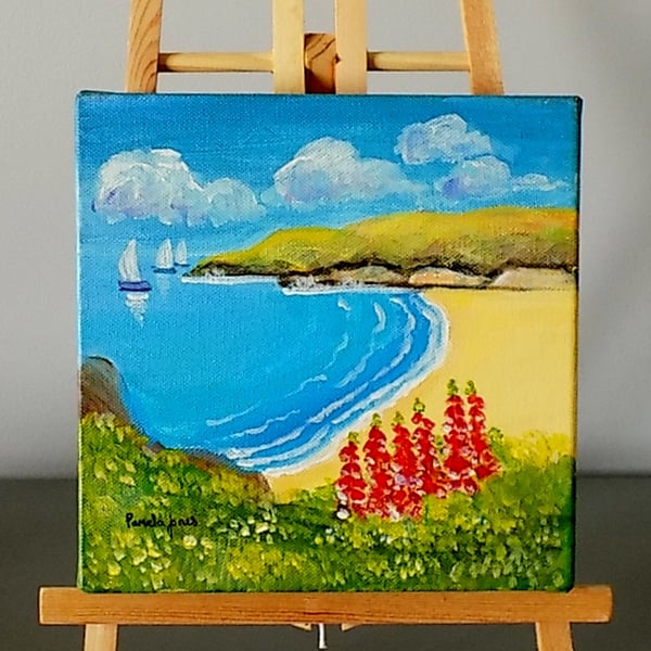 Coastal Scene with Foxgloves on Boxed Canvas, 20 x 20 cm.