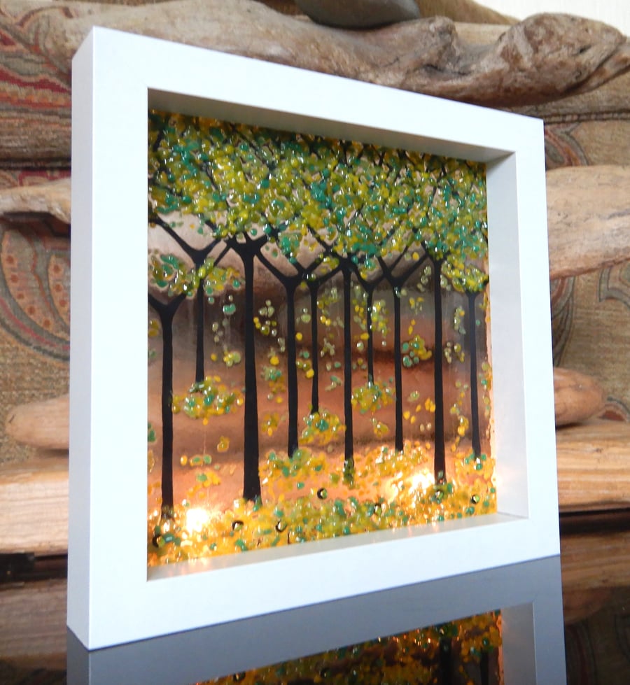 HANDMADE FUSED GLASS  'SPRING TREES' PICTURE