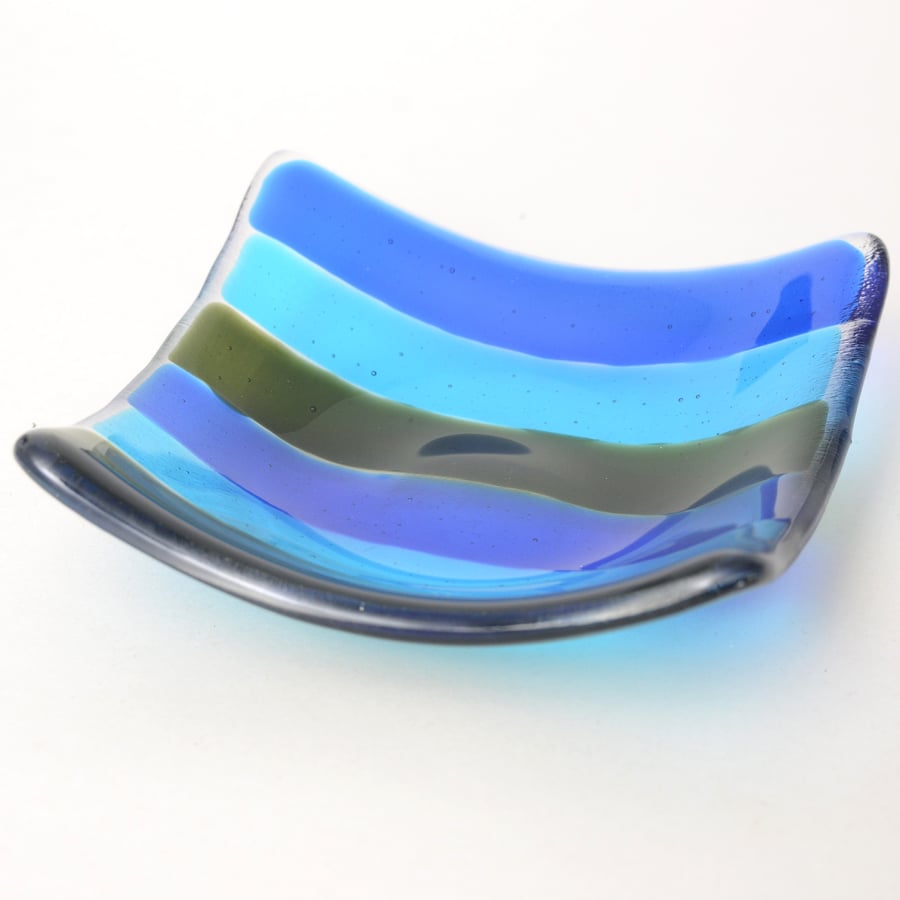 Blue and Green Stripe Fused Glass Trinket Dish