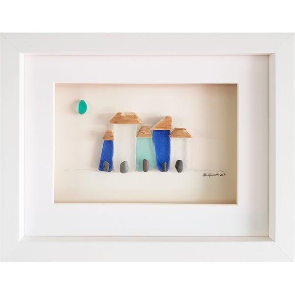Quirky Cottages - Sea Glass & Pebble Picture - Framed Unique Handmade Art