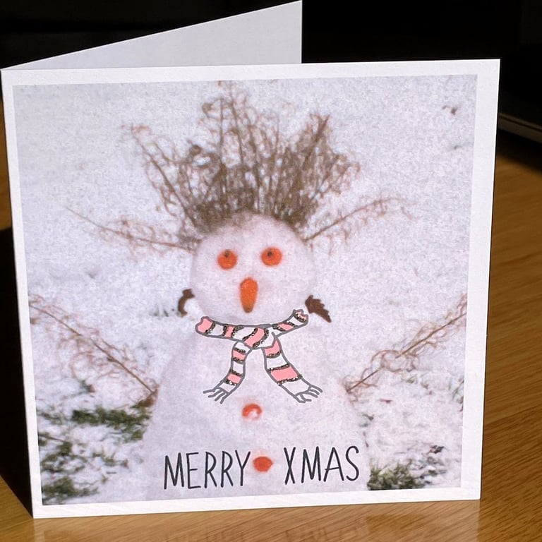 SnoWoMan; colourful 13.5 cm square Christmas card, blank inside