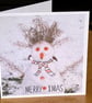 SnoWoMan; colourful 13.5 cm square Christmas card, blank inside