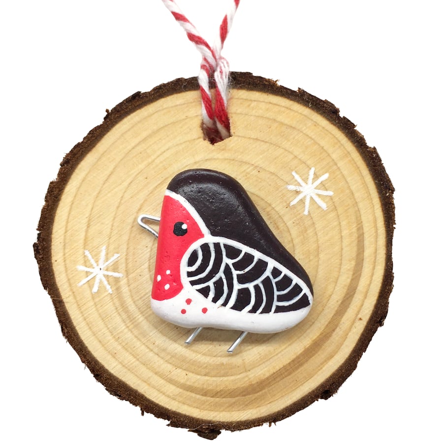 Pebble Robin Christmas Tree Decorations. Handmade Wooden Bauble - Beach Art