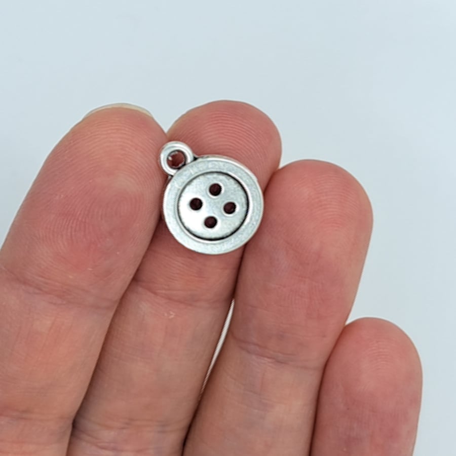 10 Button charms, antique silver effect, sewing charm, seamstress charm, C192