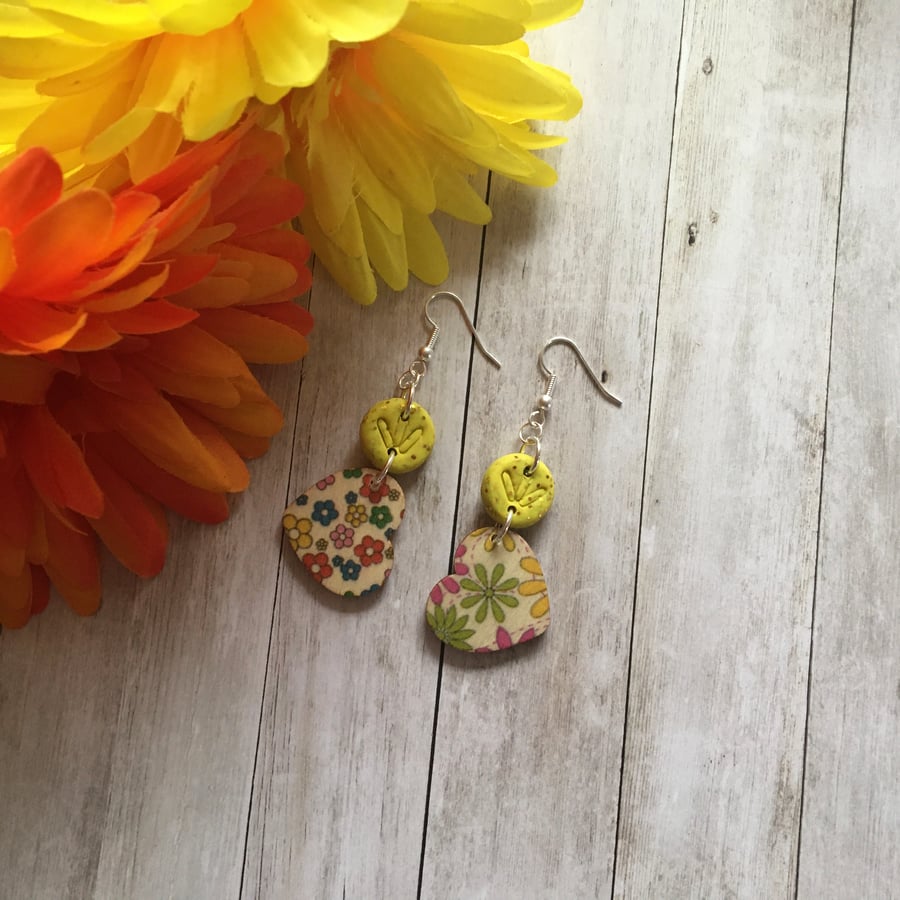 Passion wood heart and polymer clay dangle earrings.